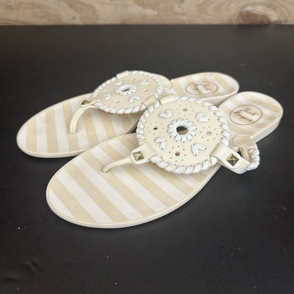 Jack Rogers Sandal Womens 6 Beige Georgica Jelly Beige Tan Flip Flop Slide Strip